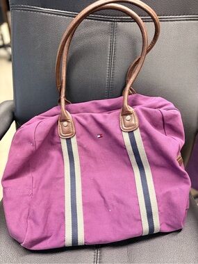 Tommy Hilfiger Purple Canvas Satchel Tote Bag with Leather Handles